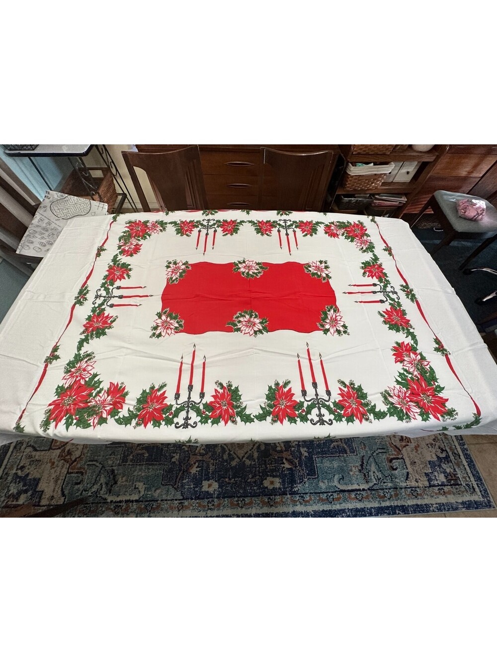 Christmas Holly Candle Poinsettia Holly Tablecloth White Red Rectangle